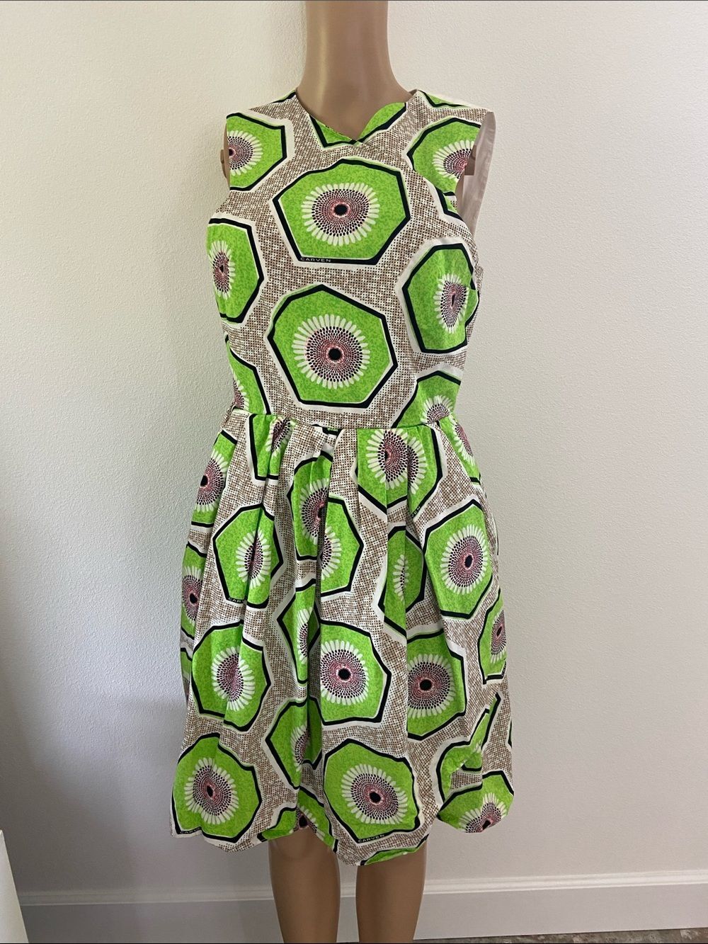 Carven White Bodice Dress with Neon Green Geo Skirt